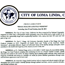 Loma Linda City Proclamation of Thanks for Bragg Healthy Lifestyle Weekend, June 28-30.