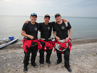 Mission Accomplished! All Five Great Lakes Crossed by Paddleboard (Left to right: Joe Lorenz, Jeff Guy and Kwin Morris)