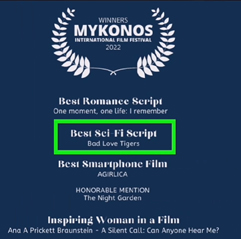 Kevin Schewe’s ‘Bad Love Tigers’ Wins BEST SCI-FI SCRIPT Award at Mykonos International Film Festival  in Greece