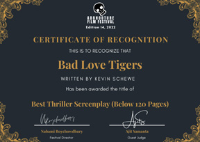 ‘Adbhooture Film Festival’ in India Lavishes Praise on Kevin Schewe’s ‘Bad Love Tigers’ with BEST THRILLER SCREENPLAY Award