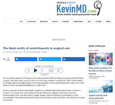 Theories of Sanjay Prasad, MD, FACS on ‘Bleak Reality of Racial Disparity in Surgical Care’ Showcased on KevinMD.com