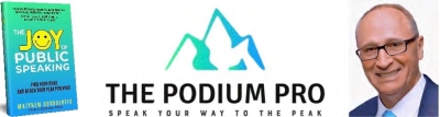 The Joy of Public Speaking Book Cover and The Podium Pro Logo with Matthew Cossolotto Photo