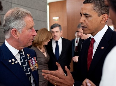 King Charles talking about government with President Barack Obama. (White House photo)