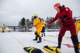 Firefighters practicing ice rescue skills during recent Lifesaving Resources Ice Rescue training course.