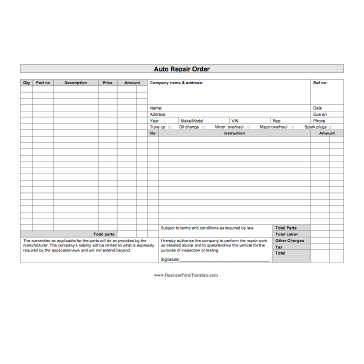 Printable Auto Repair Form