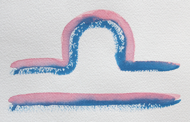 This glyph, or written symbol, for Libra symbolizes a setting Sun and has its trademark blue and pink colors.