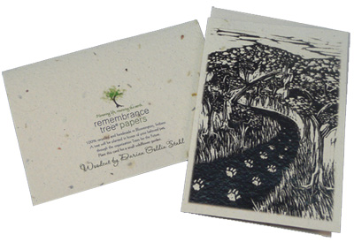 The pet sympathy cards are seeded, 100% recycled handmade paper with an original woodcut design by Darian Goldin Stahl.