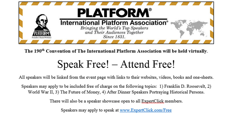 Call for Speakers ---  The 190th International Platform Convention, August 14, 2021.